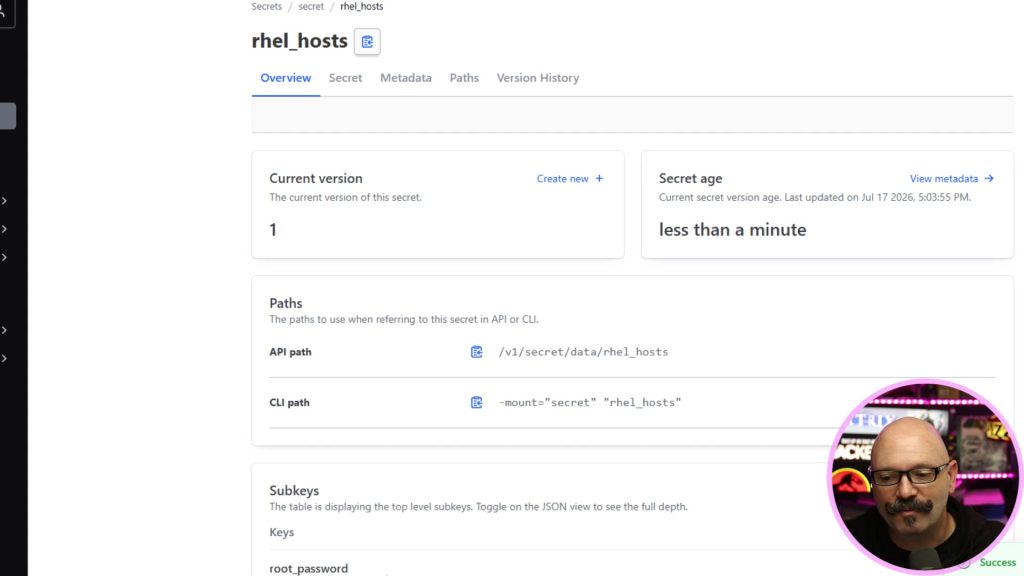 HashiCorp Vault KV secret rhel_hosts with root_password subkey