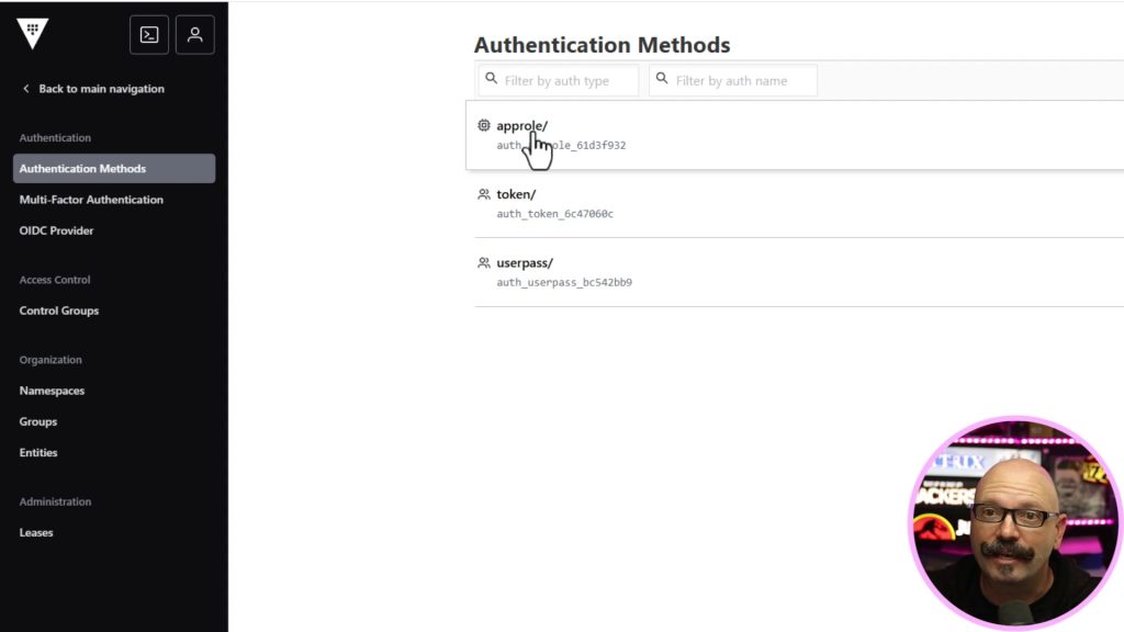 Vault Authentication Methods page showing approle enabled