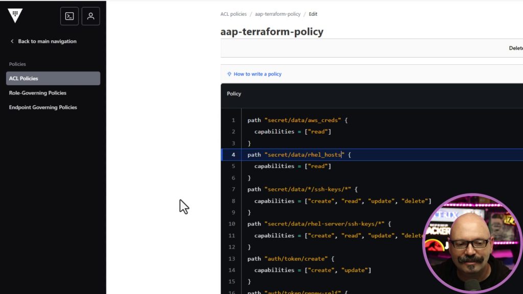 Vault ACL policy editor with secret/data/rhel_hosts read capability added