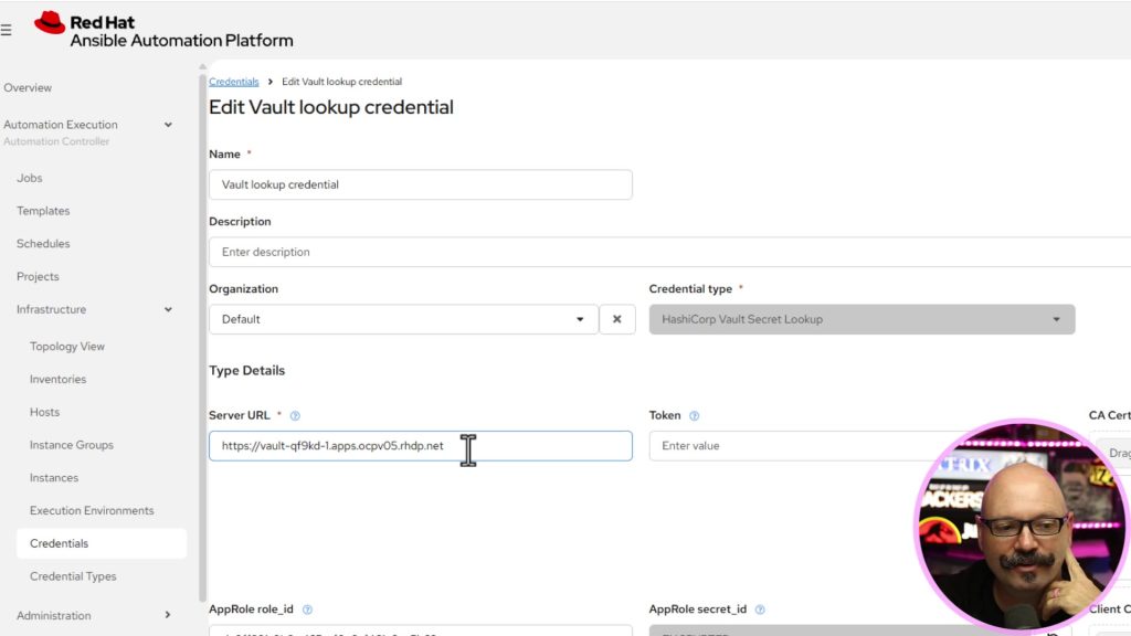 AAP HashiCorp Vault Secret Lookup credential showing Server URL and AppRole fields