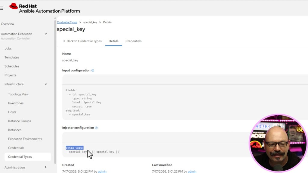 AAP custom credential type special_key showing input and injector configuration