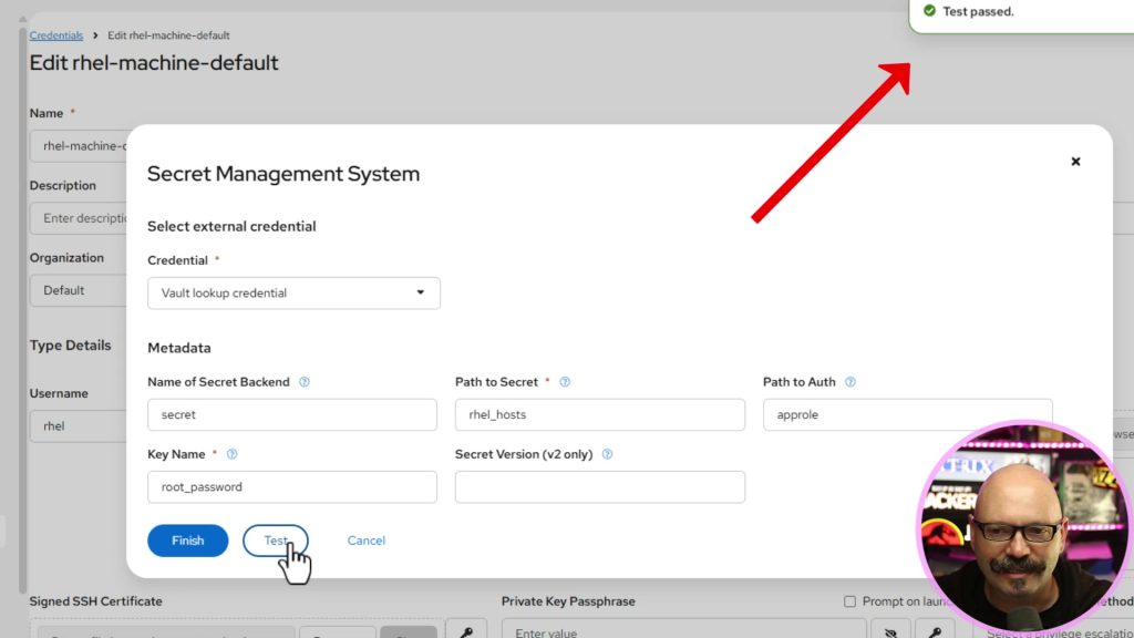 AAP Secret Management System metadata form with test passed for the machine credential
