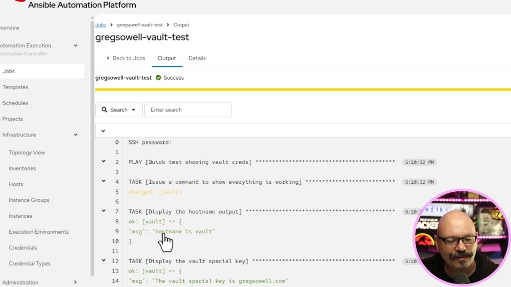 AAP job template output showing hostname is vault and the special key value